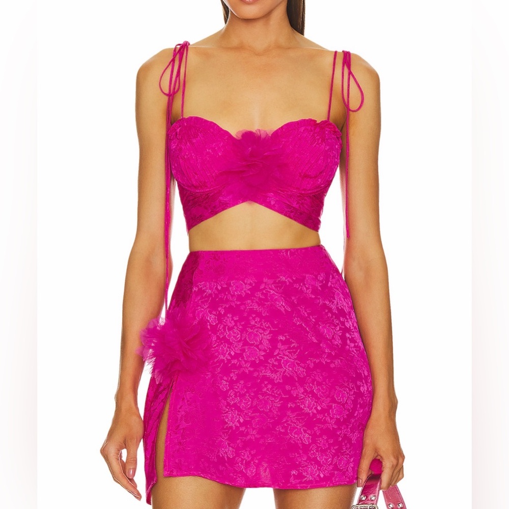 For Love & Lemons Fushia Flower Tie-Shoulder Crop Top and Skirt Set
